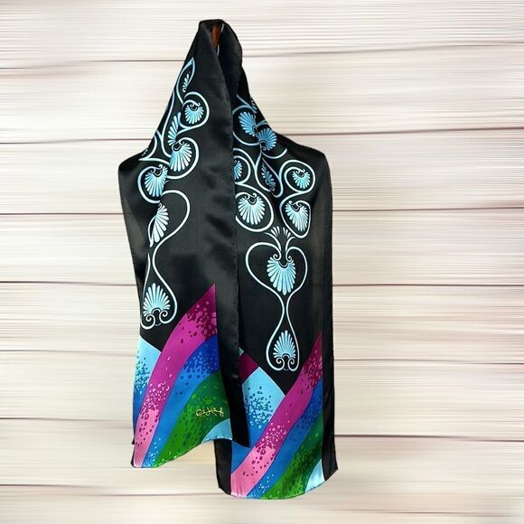 Rush Limbaugh Vintage Silk Black with Blue Pink Green Hand Rolled Scarf - Picture 4 of 13